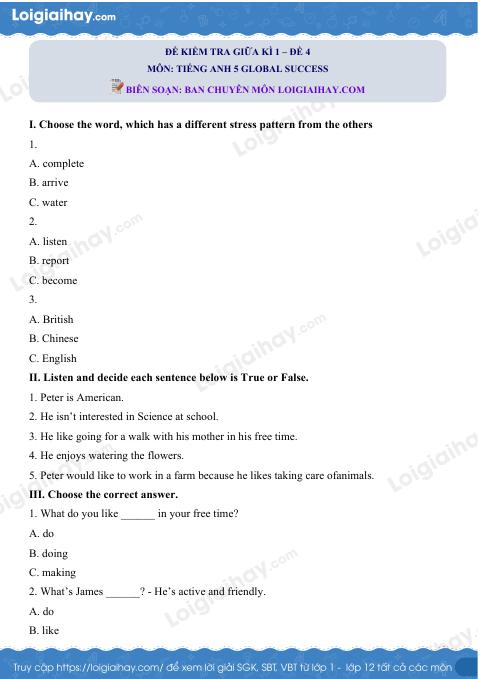 Đề thi giữa kì 1 Tiếng Anh 5 Global Success - Đề số 4
